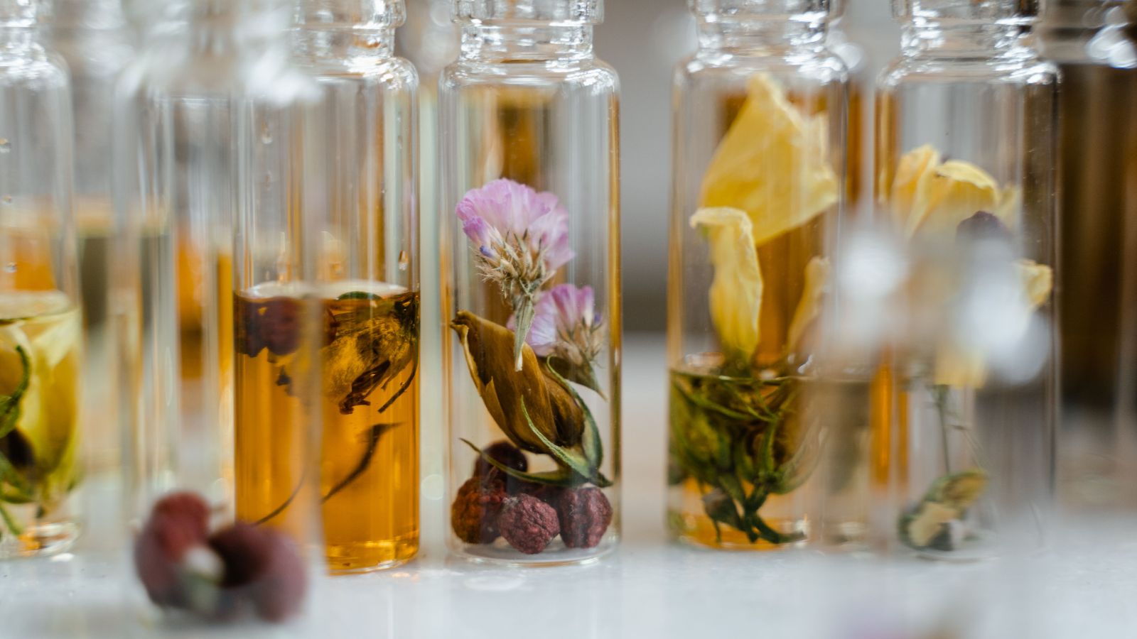 Glass vials of botanical oil infusions for skincare formulation