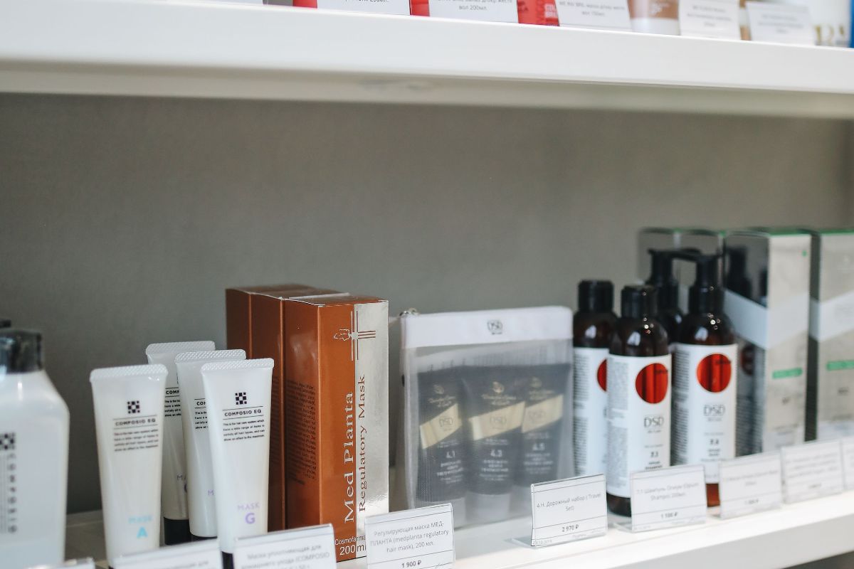 Haircare products on retail shelves from cosmetic formulation